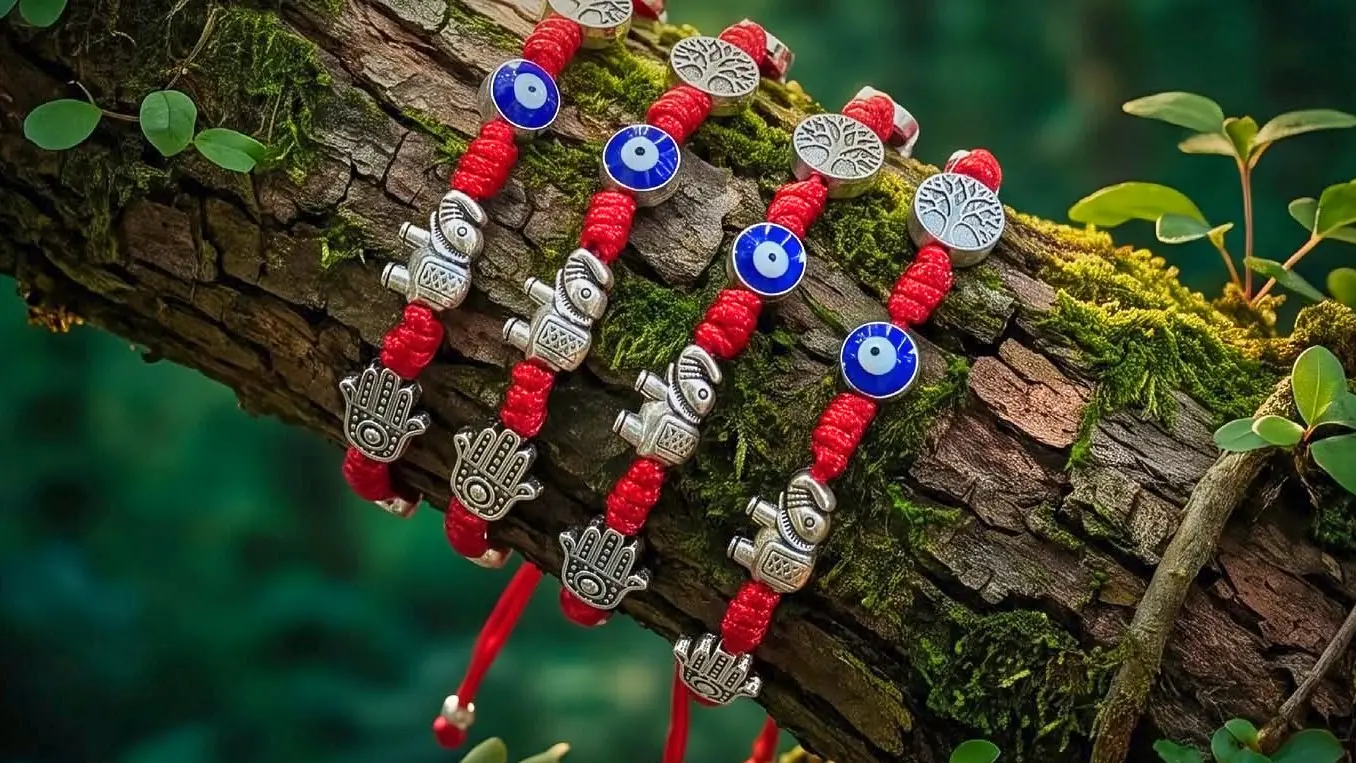 Pulseras de hilo rojo con dijes de Mano de Fátima y ojo turco