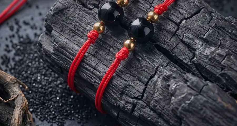 Pulsera de hilo rojo con piedras negras y dorados